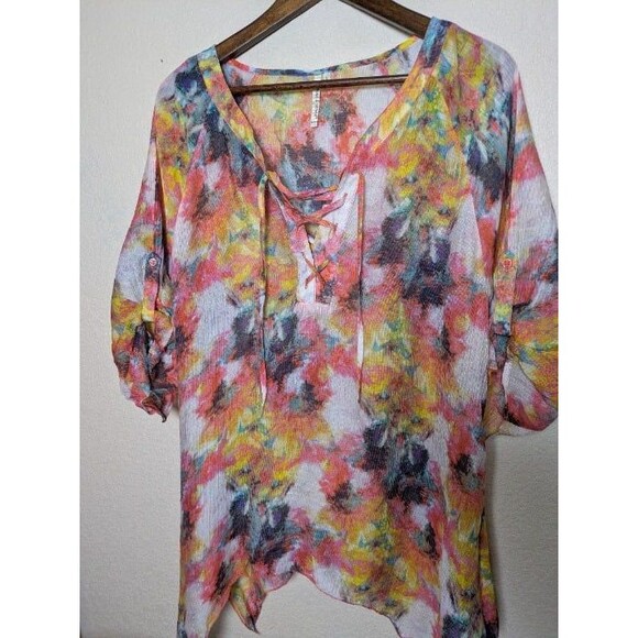 Abstract Floral Lace Up Blouse Womens Size Large Boho Festival Artistic Flowy - Picture 3 of 10